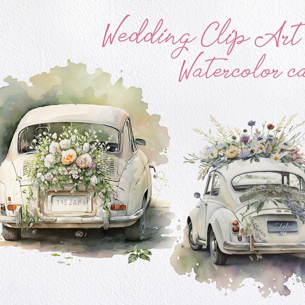 Wedding day clipart, Wedding floral Car Clipart , Just married PNG, card making, watercolor sublimation design, wedding planner