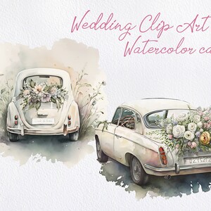 clipart de voiture de mariage, PNG juste marié, clipart de voiture florale, fabrication de cartes, téléchargement immédiat, conception de sublimation, planificateur de mariage