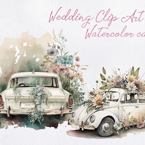 Clipart de jour de mariage, PNG juste marié, clipart de voiture Floral aquarelle, fabrication de cartes, téléchargement immédiat, conception de sublimation, planificateur de mariage