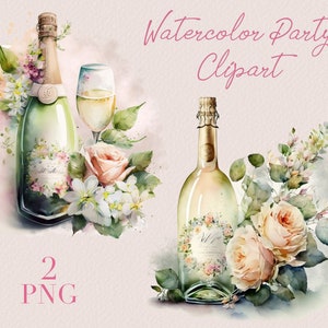 Botella de champán de acuarela con flores, imágenes prediseñadas de celebración, imágenes prediseñadas de fiesta de acuarela, colores naturales, imágenes prediseñadas de cumpleaños