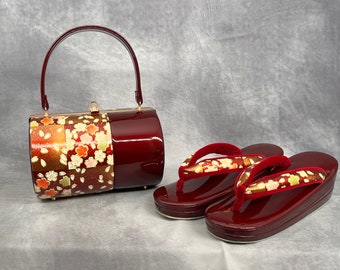 Premium Zanmai Furisode Bag With Matching Zori Sandals Set, Luxury Red Vintage Japanese Kimono Accessories / Formal Ware