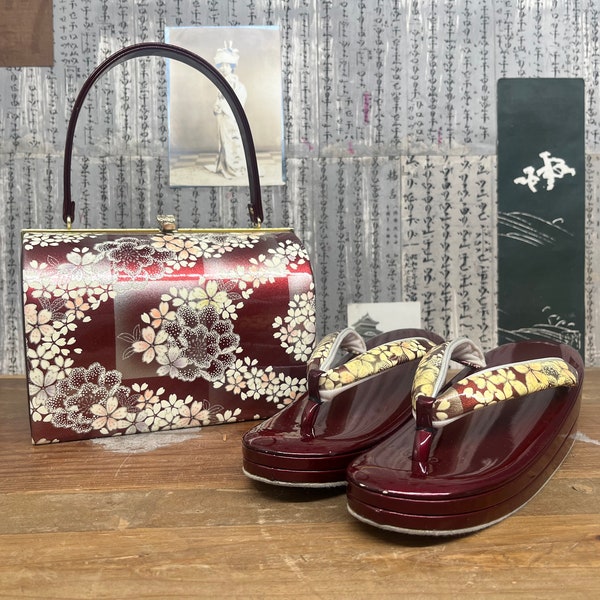 Premium Zanmai Furisode Bag With Matching Zori Sandals Set Luxury. Dark Red Floral Vintage Japanese Kimono Accessories / Formal Ware