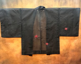 Japanese Haori Kimono, Seethrough Black Red Floral Kimono Robe, Vintage Kimono