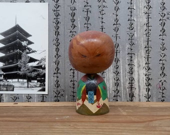 Miniature Bobblehead Kokeshi Doll, Vintage Japanese Wooden Kokeshi, Hand Made Folk Art From Japan 8cm