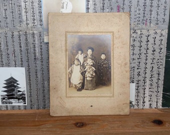 Large Early 1900s Japanese Family Portrait Mounted Sepia Photograph on Card