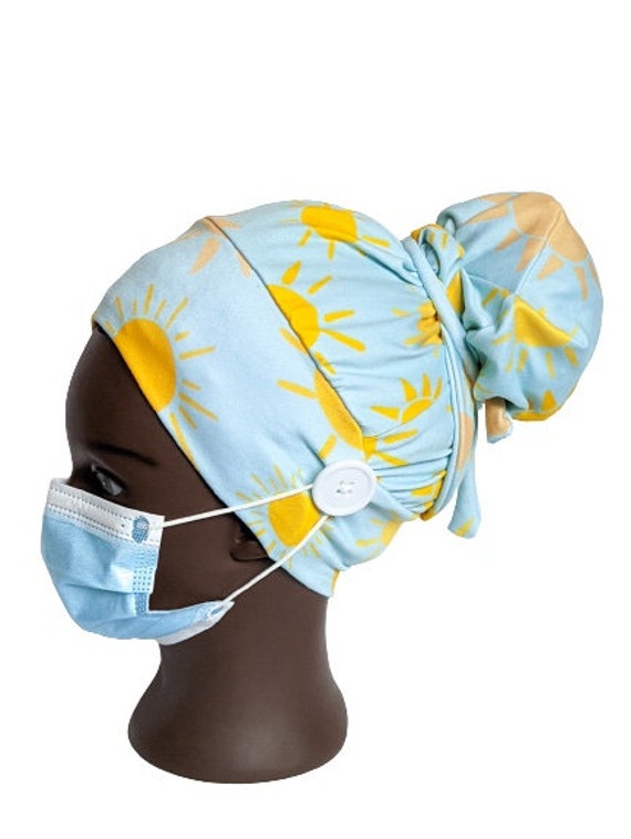 MishMask Sunshine Scrub Cap, Surgical Hat for Buns and Long Hair, Stretchy Nurses Head Covering with Optional Buttons