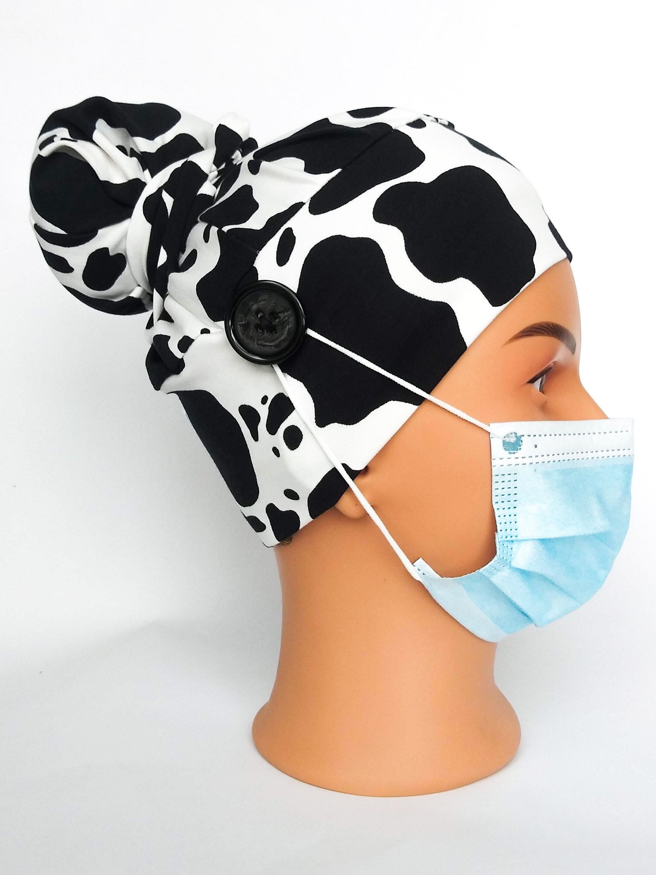 Cow Scrub Hat with Buttons for Mask, Nurses Cap for Long Hair or Pony…