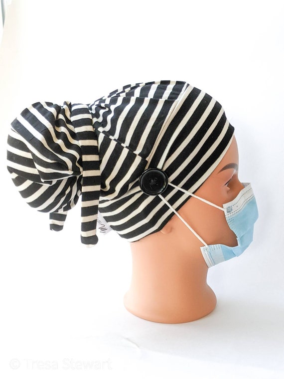 Black scrub cap with buttons for mask Striped nurses hat Etsy