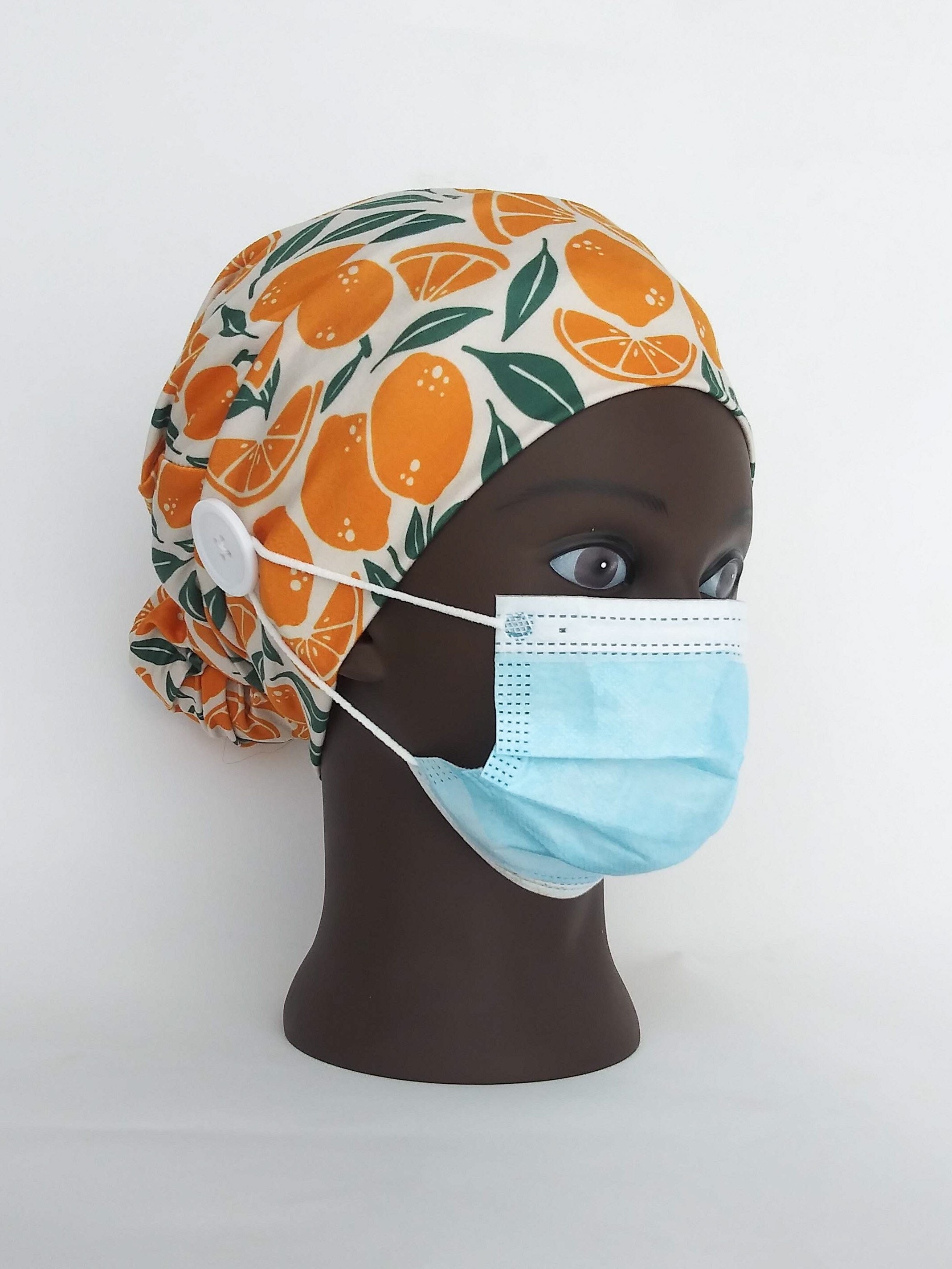 Scrub hat with buttons for mask Stretchy nurse cap Oranges Etsy