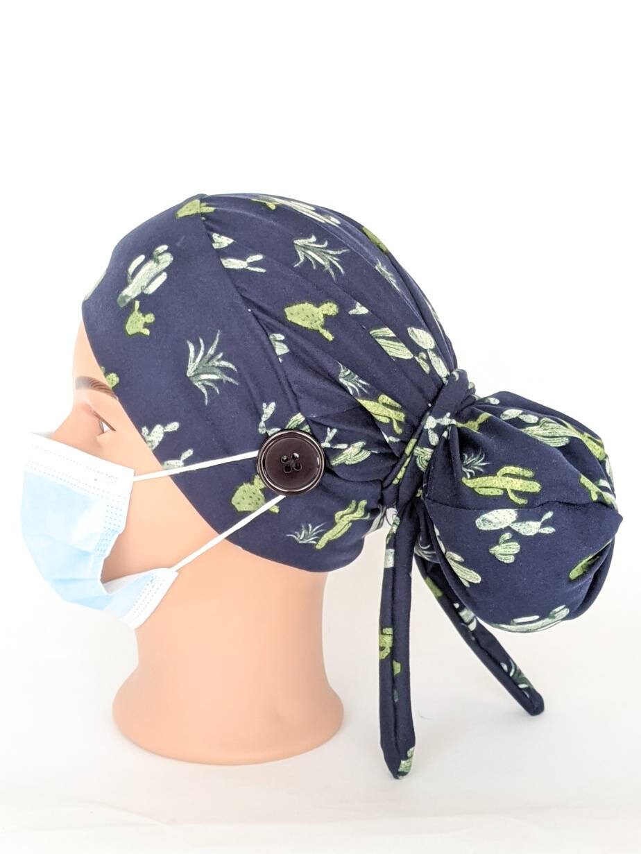Scrub Cap with Buttons, Cactus Surgical Hat, Womens Long Hair Cover, …