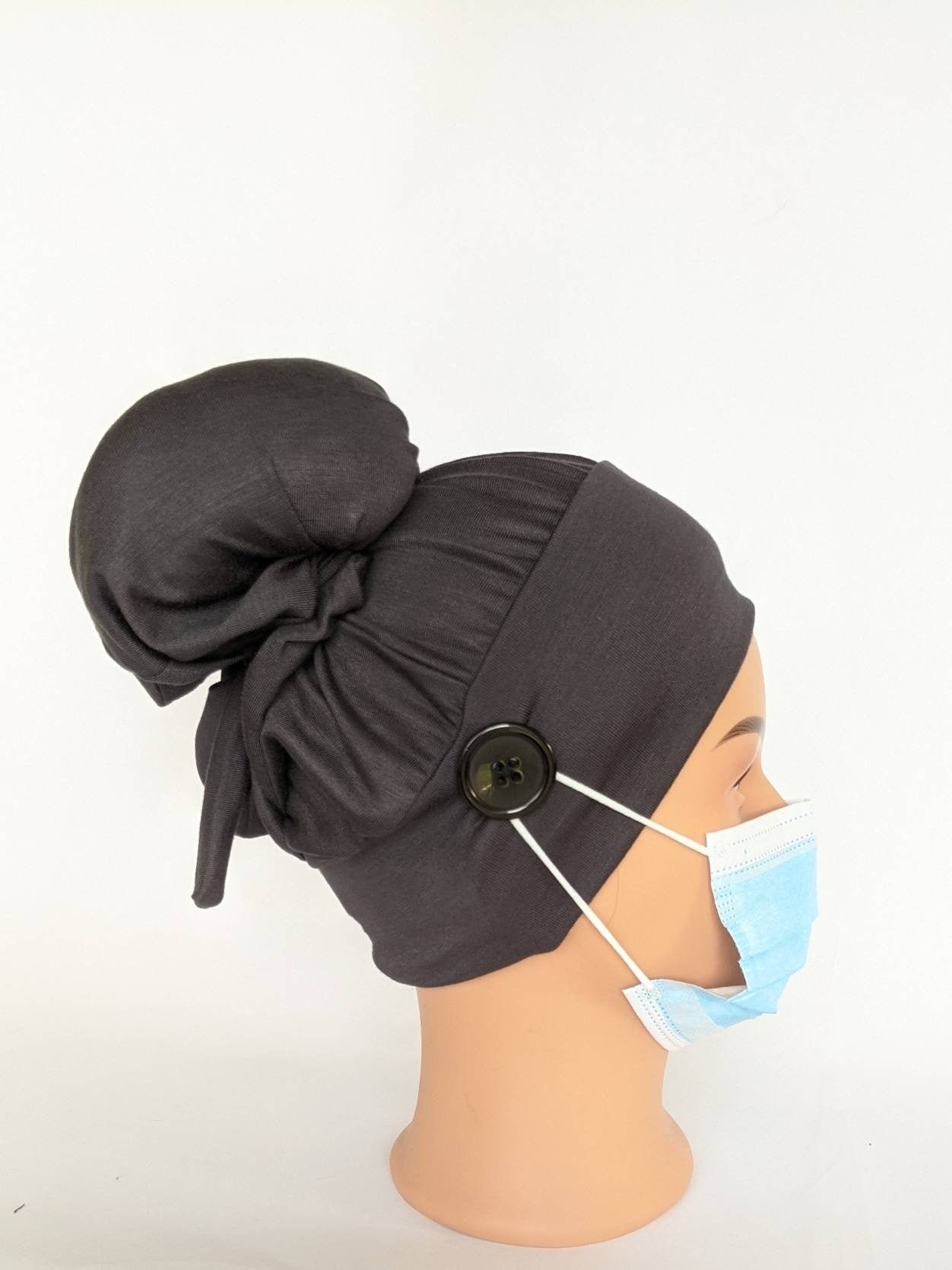 Stretchy scrub hat, Surgical cap for long hair, Charcoal gray top kno…