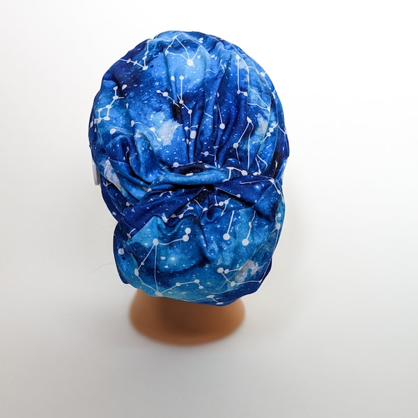 Space scrub cap, Stretchy surgical hat with constellations, Nurse hat with buttons for mask, Knit medical long hair covering