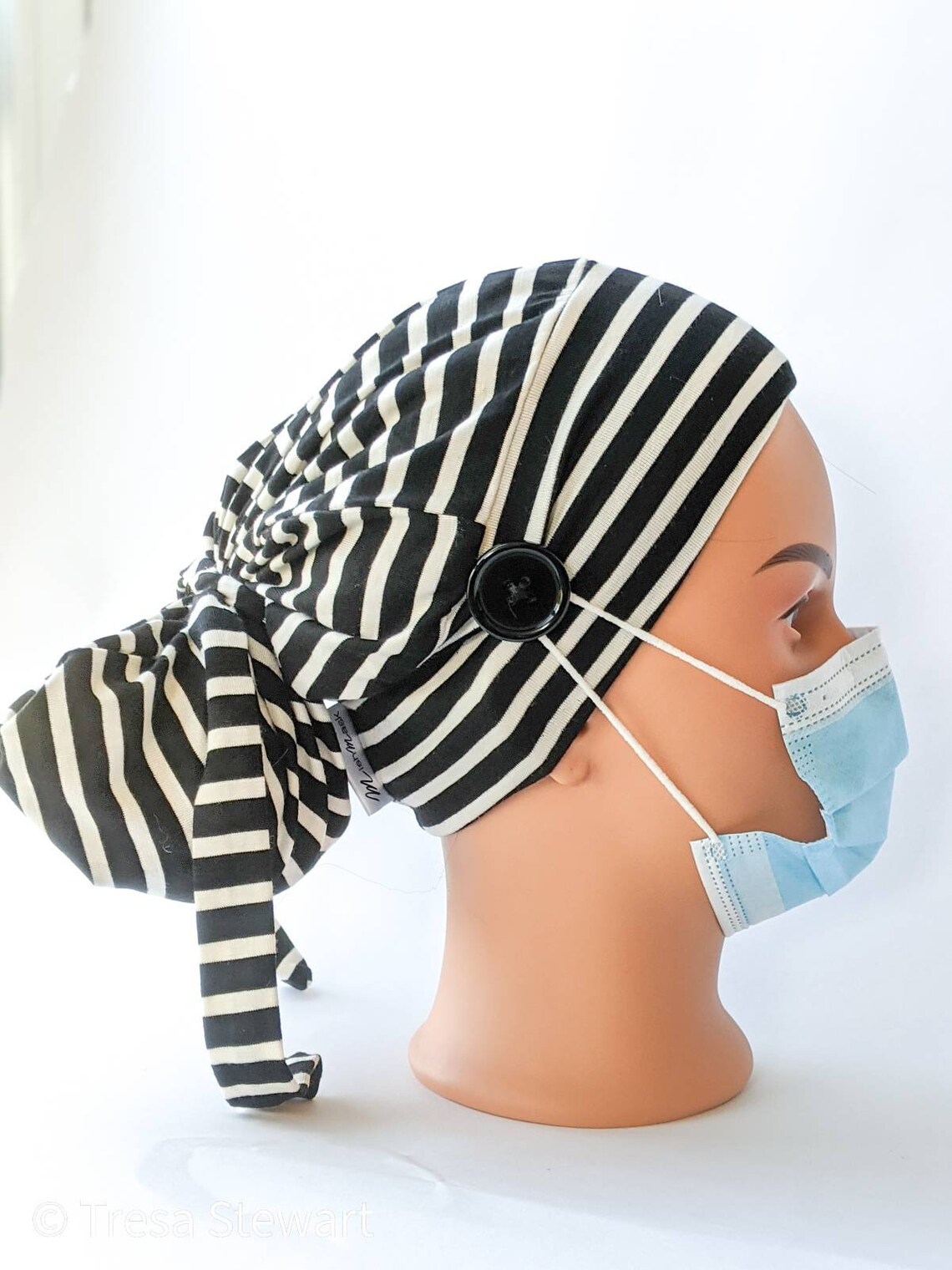 Black scrub cap with buttons for mask Striped nurses hat Etsy