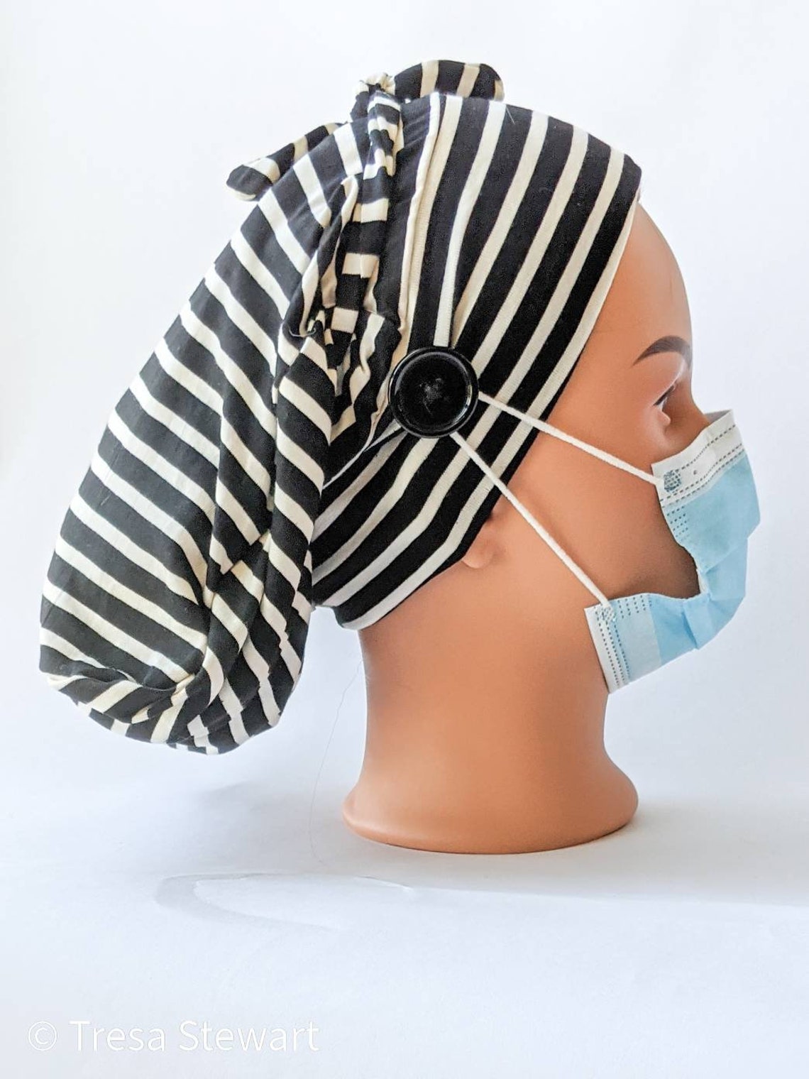 Black scrub cap with buttons for mask Striped nurses hat Etsy