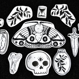 Ensemble d’autocollants Dark Witch, 11 autocollants conçus à la main [autocollants de planificateur déco, esthétique artisanale et sorcelée, witchcore, noir et blanc, goth]