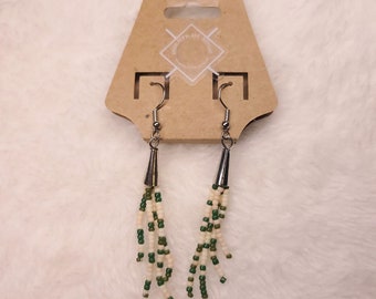 Green and white Beaded Fringe Earrings
