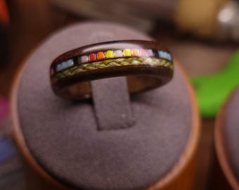 Single Beaded Wood Ring with Braided Sweetgrass