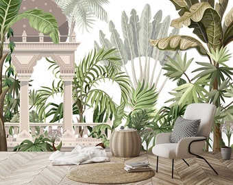 Jungle wallpaper Tropical Wallpaper, Self Adhesive wallpaper, Peel and Stick Jungle flower and leaves mural with Palm trees