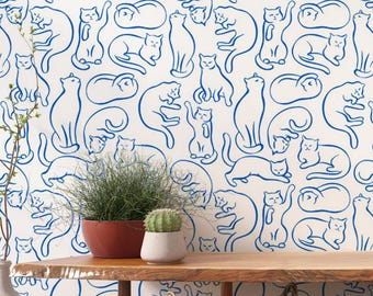 Sweet Cat Wallpaper, Vintage Floral Design with Playful Cats for Kids, Removable Wallpaper, Animal Wallpaper