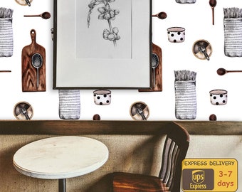 Kitchen Wallpaper, Peel and Stick Wallpaper,  Self Adhesive Wallpaper, Cafe Wallpaper, Removable Wallpaper, restaurant wallpaper