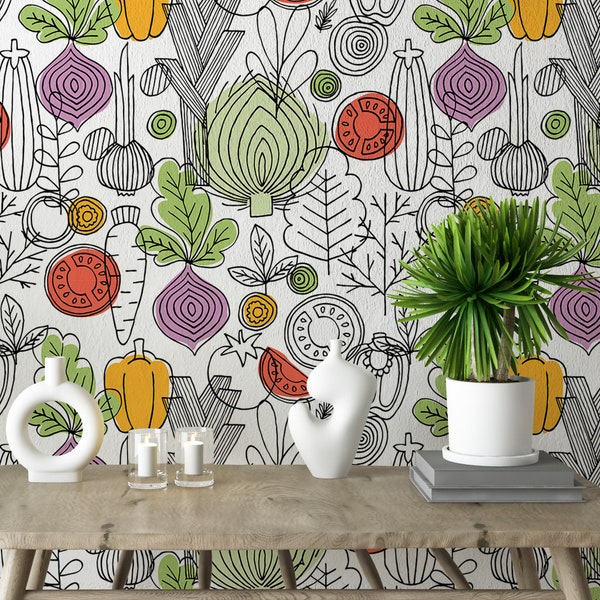 Carta da parati vintage con verdure da cucina, decorazione murale retrò con verdure da cucina, arte murale in stile fattoria