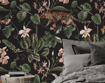 Tiger Peacock Wallpaper, Peel and Stick Removable Tropical Mural, Self Adhesive or Pre-Pasted Wallpaper, Eco Friendly