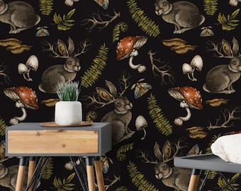 Fairytale Forest Moon and Stars in Dark Color, Woodland Storybook in Black wallpaper. removable wallpaper, Peel and Stick Wallpaper
