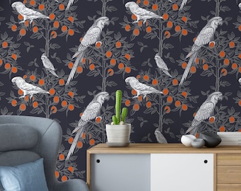 Parrot In Jungle Removable Wallpaper, Exotic Branches and Birds Pattern, Tropical Home Decor, Pink Peel And Stick Wallpaper #154 #24