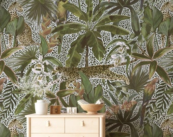 Papier peint amovible motif léopard et feuilles tropicales / Calla et feuilles de palmier / Matériau auto-adhésif #23