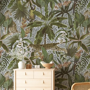 Leopard and Tropical Leaves Pattern Removable Wallpaper Mural / Calla and Palm Leaves / Peel & Stick Self-Adhesive Material #23