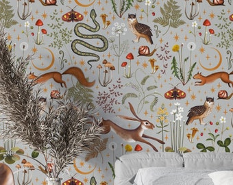Fairytale Forest Moon and Stars in Grey Color, Woodland Storybook in Grey wallpaper. removable wallpaper, Peel and Stick Wallpaper