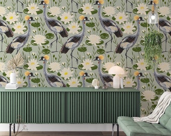 Green Crane Birds Wallpaper, Peel and Stick, Heron Asian Wallpaper, Vintage Crane Birds Wall Art, Temporary Wallpaper, Removable Wallpaper