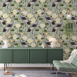 Green Crane Birds Wallpaper, Peel and Stick, Heron Asian Wallpaper, Vintage Crane Birds Wall Art, Temporary Wallpaper, Removable Wallpaper