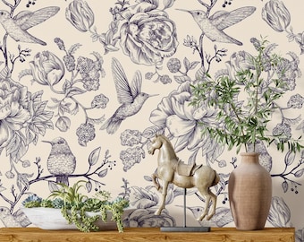 Hummingbirds and Flower Wallpaper Peel and Stick, Retro style, Nature Inspired Removable Wall Sticker DreamerDecor #115