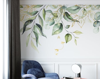 Green Eucalyptus Peel and Stick Wallpaper - Leaves and Branches Removable Wall Decal - Botanical Self Adhesive wallpaper Gradient Color #210