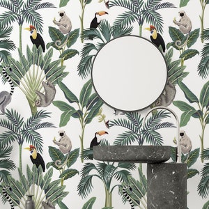 Tropical vintage wild animals Wallpaper, toucan, palm trees, banana tree floral seamless pattern, Exotic botanical jungle wallpaper #175