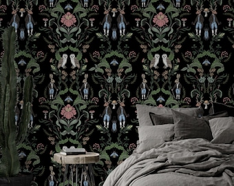Papel tapiz de Dark Academia, vintage, decoración de pared nocturna, brujería, papel tapiz de conejo, arte de pared oscuro, despegar y pegar, botánico #708