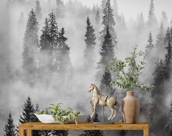 Misty Forest Wallpaper Peel and Stick, Foggy Forest Wall Mural, Nature Wallpaper, Removable Wallpaper #112