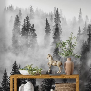 Misty Forest Wallpaper Peel and Stick, Foggy Forest Wall Mural, Nature Wallpaper, Removable Wallpaper #112