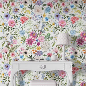 Soft Watercolor Floral Wallpaper,Colorful Flowers, Peel and Stick, WildFlower Room Watercolor Wallpaper #707