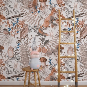 Forest Animals Removable Wallpaper, Kids Wallpaper Peel and Stick Wallpaper, Cute Animal Self Adhesive Wallpaper Roll