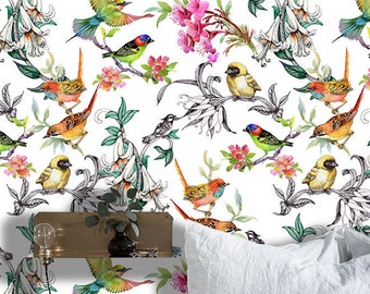 Birds & Flowers in Garden Wallpaper - Removable Self Adhesive Wallcovering - Fabric Peel and Stick Wall Mural, nature inspired decor #296