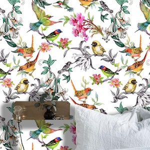 Carta da parati con uccelli e fiori in giardino - Carta da parati autoadesiva rimovibile - Carta da parati murale in tessuto staccabile e attaccabile, decorazione ispirata alla natura #296