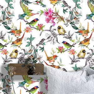 Birds & Flowers in Garden Wallpaper - Removable Self Adhesive Wallcovering - Fabric Peel and Stick Wall Mural, nature inspired decor #296