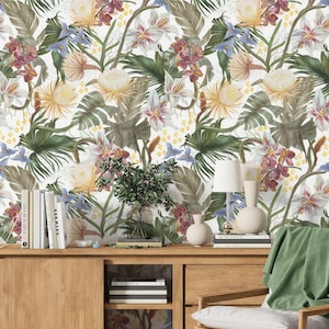 Floral Wallpaper with Exotic Leaves and Tropical Design, Leaf Patterns, Wallpaper Mural Peel and Stick, Tropical Pink Floral Wall Decor