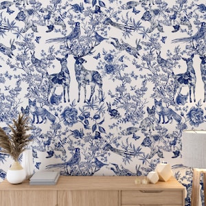 Carta da parati con fiori selvatici vittoriani, carta da parati staccabile e adesiva, splendida carta da parati murale con foresta boschiva boho, carta da parati floreale con animali da vivaio