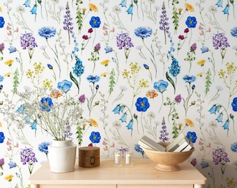 Beautiful Garden Wallpaper, Wildflower Floral Wallpaper, Floral Peel and Stick or Pre-Pasted Wallpaper, Eco Friendly