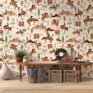 Carta da parati da cucina con motivo cowboy disegnato a mano in stile western, carta da parati da soggiorno con motivo cactus vintage, arredamento del selvaggio West in stile sud-occidentale