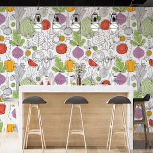 Carta da parati vintage con verdure da cucina, decorazione da parete retrò con verdure da cucina, arte da parete in stile fattoria