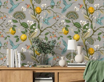 Hummingbirds and lemons Wallpaper, Peel and Stick wallpaper Floral, Wall paper Floral with birds, Wallpaper Removable Floral Peonies